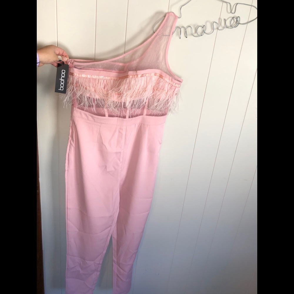 boohoo one shoulder feather jumpsuit